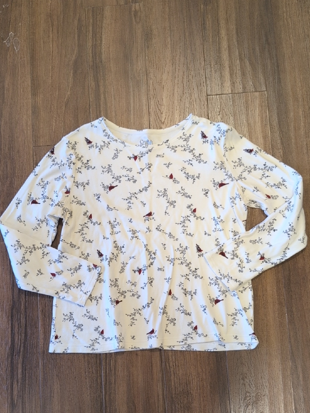 croft & barrow White Long-Sleeve Tee with Floral and Red Cardinal Bird Print